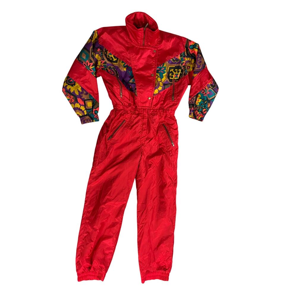 Vintage Snuggler Ski Suit Womens 12 Red One Piece Retro 90s Ski wear Santa Fe